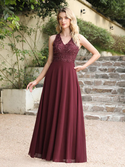 Dusty Pink Halter V-neck Lace Pearls Wedding Evening Dresses Long Dress Hollow Out Chiffon Elegant Party Dresses For Women 2024
