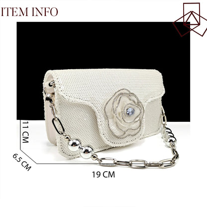 Elegant Full of Rhinestone Flower Design Style White Color Party Wedding Pointed Toe Women Shoes and Bag Set