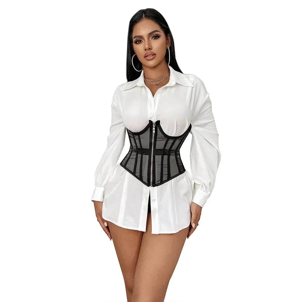 Ladies Transparent Mesh Corset Waist Training Bustier With Zipper Sexy Shaper Night Club Sweet Cropped Top