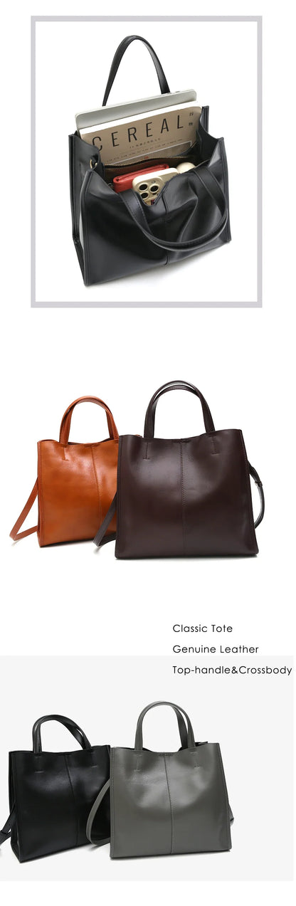 Minimalist Vintage Genuine Leather Tote Women Luxury Classic Top-handle Bag Large Capacity Cross body Shoulder Handbags Business