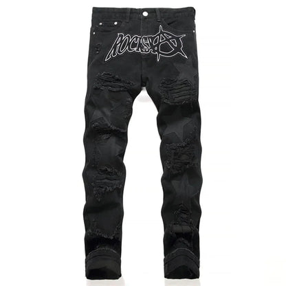 Autumn And Winter Retro Black Ripped Jeans Men'S Straight Leg Pants Pentagram Patch Casual Jeans Pants