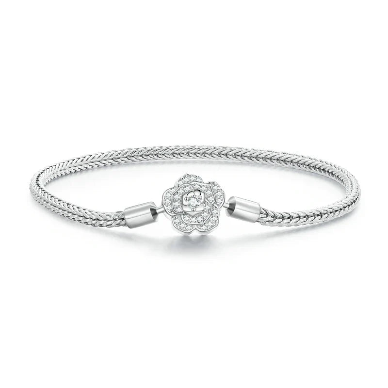 925 Sterling Silver Zircon Rose Buckle Bracelet Snake Chain for Women Bead Charm DIY Chic Jewelry Gift BSB096