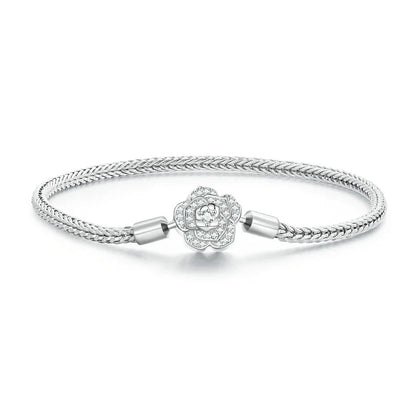 925 Sterling Silver Zircon Rose Buckle Bracelet Snake Chain for Women Bead Charm DIY Chic Jewelry Gift BSB096