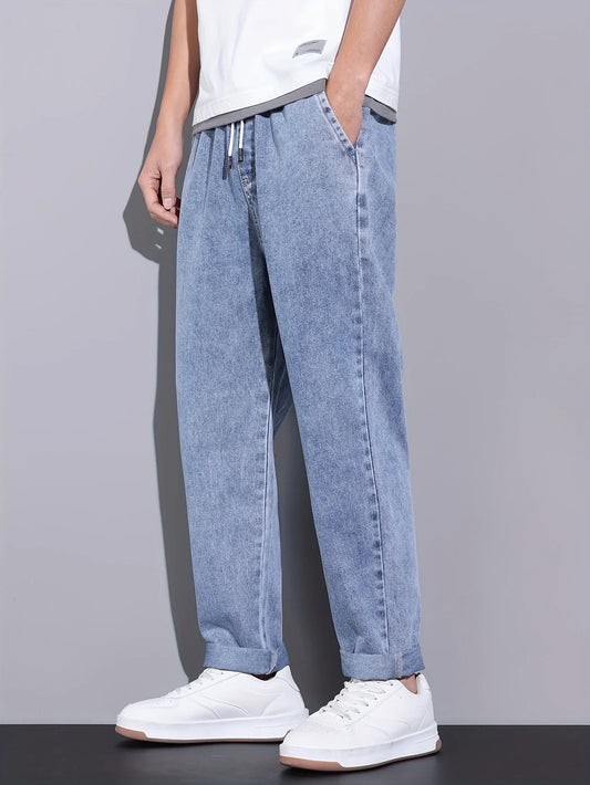 Men's Straight-Leg Jeans with Adjustable Drawstring Waist, Made of Breathable and Soft Fabric, Loose Casual Style.