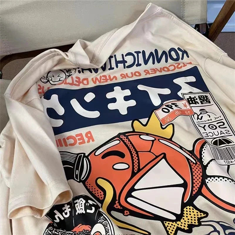 Summer New Japanese Anime Carp Men's T Shirts Y2k Clothes Oversized Cotton Women's Short Sleeve Graphic Tee Couple Tops Harajuku