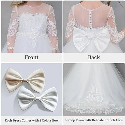 Communion Girl Dress Lace Appqulies Bodice Floor-length Skirt Puffy Dress with Long Train Formal Party Toddler Clothe