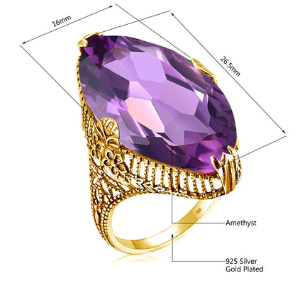 Marquise Stone Amethyst Ring 925 Antique Silver For Women Trend Luxury Party Jewelry Birthstone Gems Unique Handmade Gift