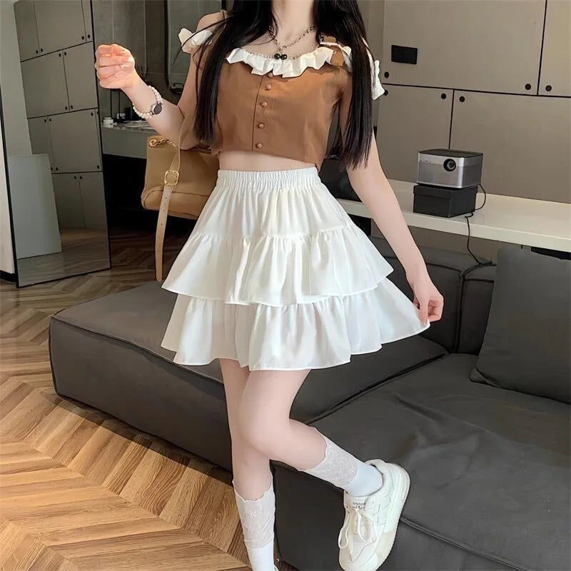 High Waist Layered Splice Short Skirt Pure Color Iron Free Polyester Blend Summer Cake Design Sweet Half Body Skirt