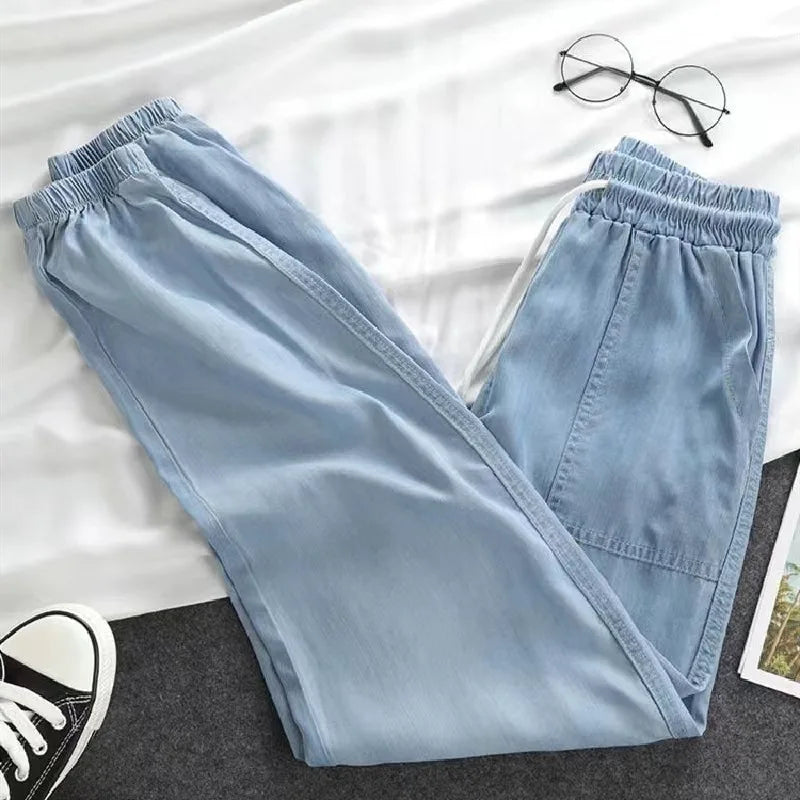 Summer Thin Ice Silk Jeans Women Elastic High Waist Drawstring Harem Pants Loose All-matched Beam Leg Nine Points Denim Pants