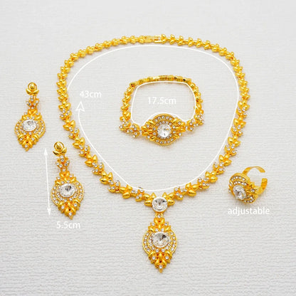 Women Gold Color Jewelry Sets Blue Pendant Necklace Earrings Bracelet Ring Sets Party Gifts