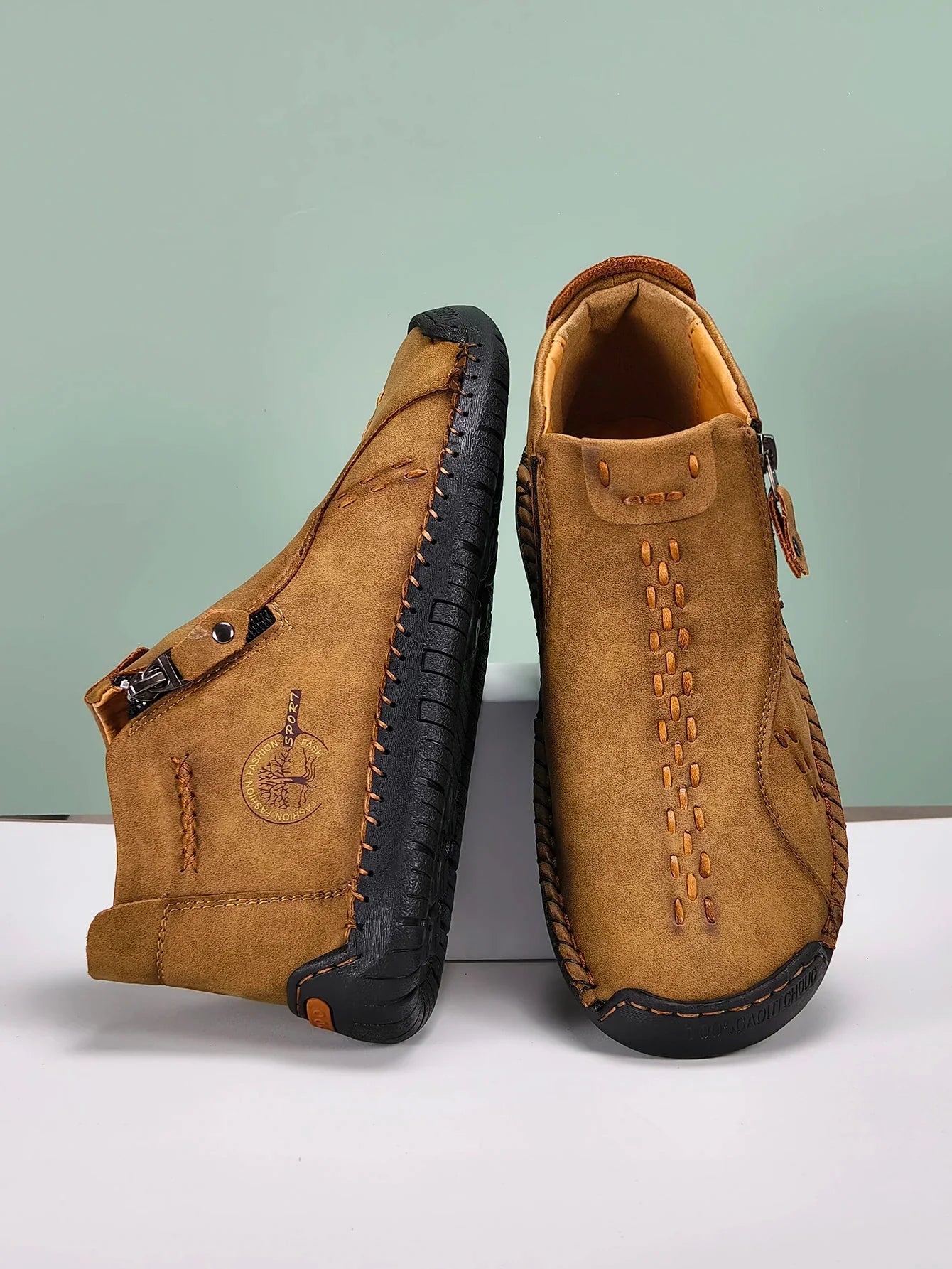 Sapatos Masculinos Clássicos de Couro Feitos à Mão, Design com Zíper, Tênis Esportivos para o Ar Livre, Sapatos Casuais Respiráveis com Elástico, Botas Masculinas de Couro no Tornozelo