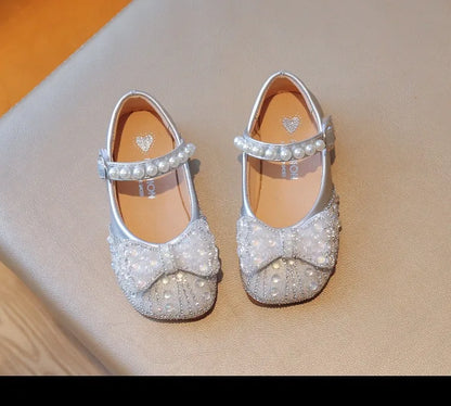 Size 23-34 Silver Bow Cute Princess Flat Shoes for Teenage Girls Casual Low Vamp Student Performance Dance Shoes