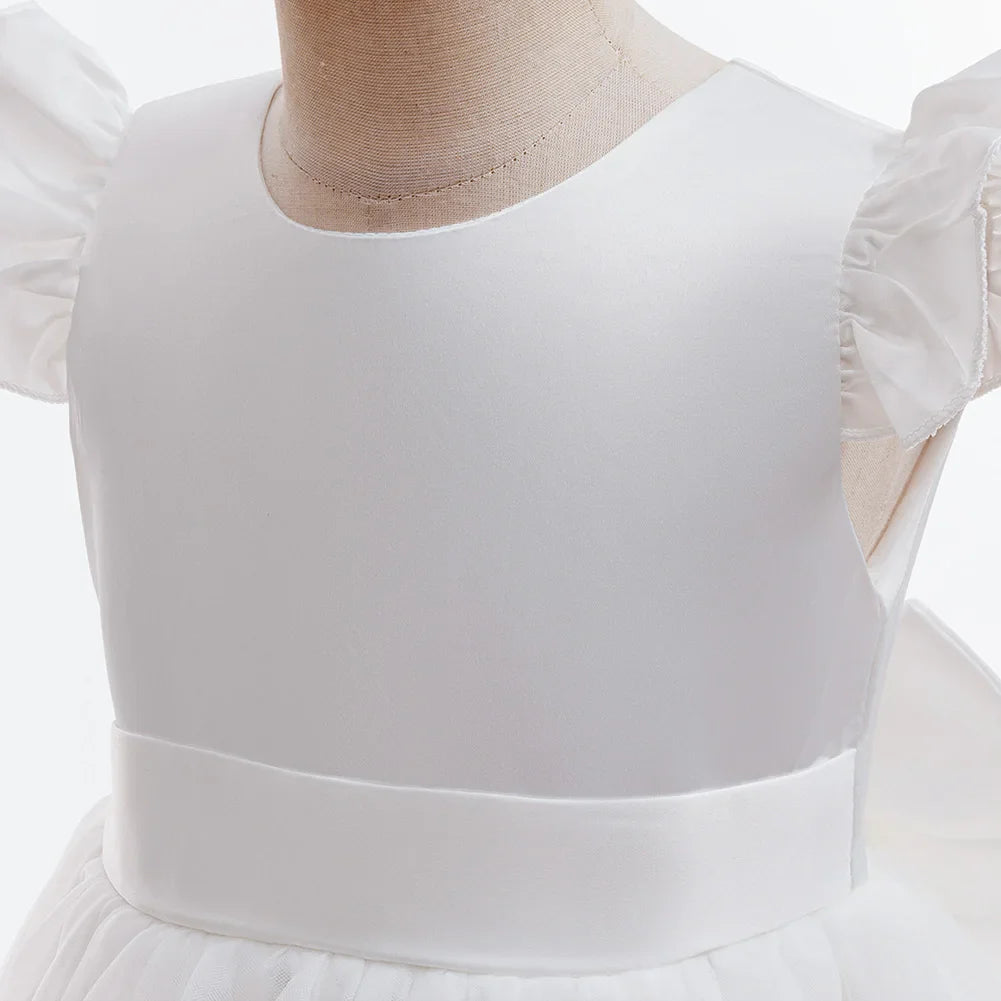 Girls White Wedding Pearls Elegant Pageant Princess Dress For Girls Backless Big Bow Wedding Bridesmaid Birthday Party Ball Gown