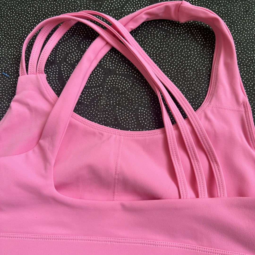 Solid Color Gym Yoga Set Short Legging Cross Back Shoulder Strap Sport Bra Tracksuit Women Suit Comprehensive Training Athletic
