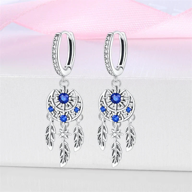 New in 925 Silver Romantic Feather Moon Stars Dream Catcher Earrings For Women Trending Fashion Jewelry Creative Birthday Gifts