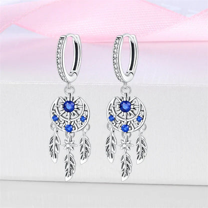 New in 925 Silver Romantic Feather Moon Stars Dream Catcher Earrings For Women Trending Fashion Jewelry Creative Birthday Gifts