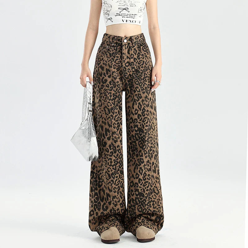 High Waist Retro Leopard Print Jeans for Women