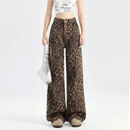 High Waist Retro Leopard Print Jeans for Women
