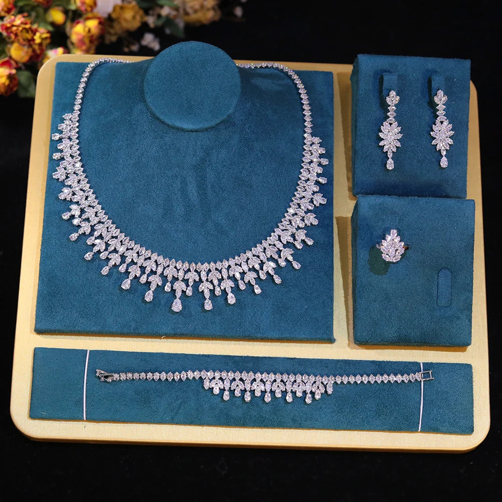 Dubai Jewelry Sets Leaf Design Bridal Necklace Earring Set 5A Cubic Zirconia Femme Ladies Wedding Accessories