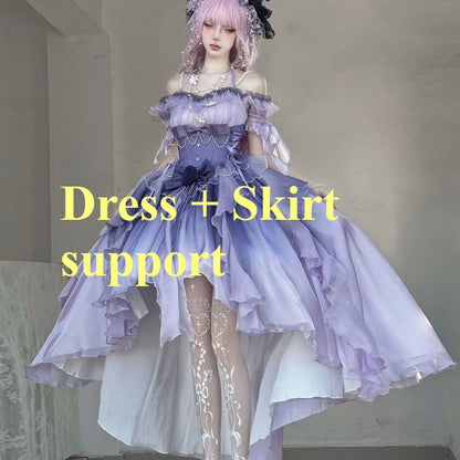 Original Lolita Trailing Puffy Dress Women Short Front Long Back Princess Blue Flower Wedding Dress Elegant Off Shoulder