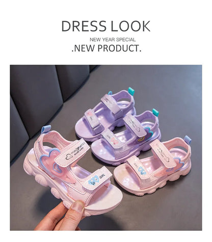2026 New Summer Girls Sports Sandals Love Heart Decor Soft Non-Slip Beach Sandals For 3-12 Years Old Kids