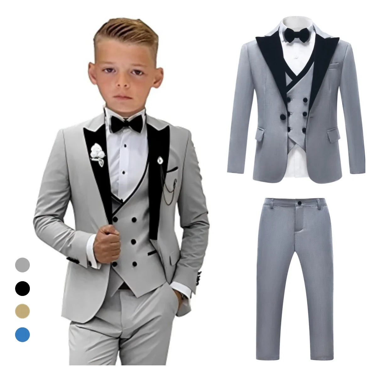 2025 Hotest Boys Formal Suit Set with Velvet Collar - One Button Blazer Vest Pants Bowtie - 3-14 Years Kids Graduation Tuxedo