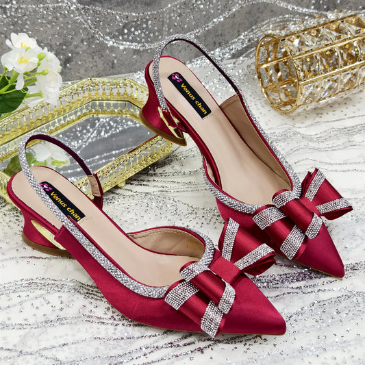 Italy Design 2025 New INS Shoes and Bag to Match Wine Colour Pointed-Toe Rhinestone Bow Party Women's High Heels