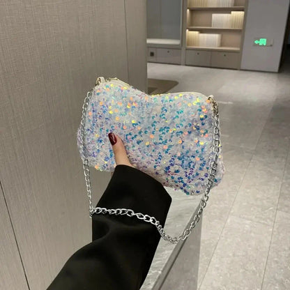 Solid Color Sequins Crossbody Bag Simple Chain INS Small Square Bag Handbag Underarm Bag Evening Clutch Bag Female