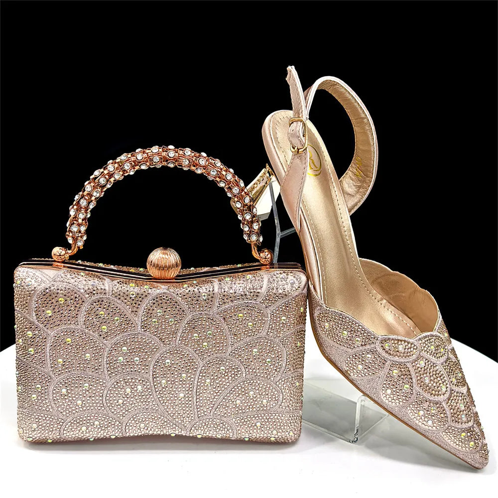 Women's Blue Color Heels with Rhinestone Accents & Matching Bag Set - Elegant Italian Fashion Pointed Toe Design