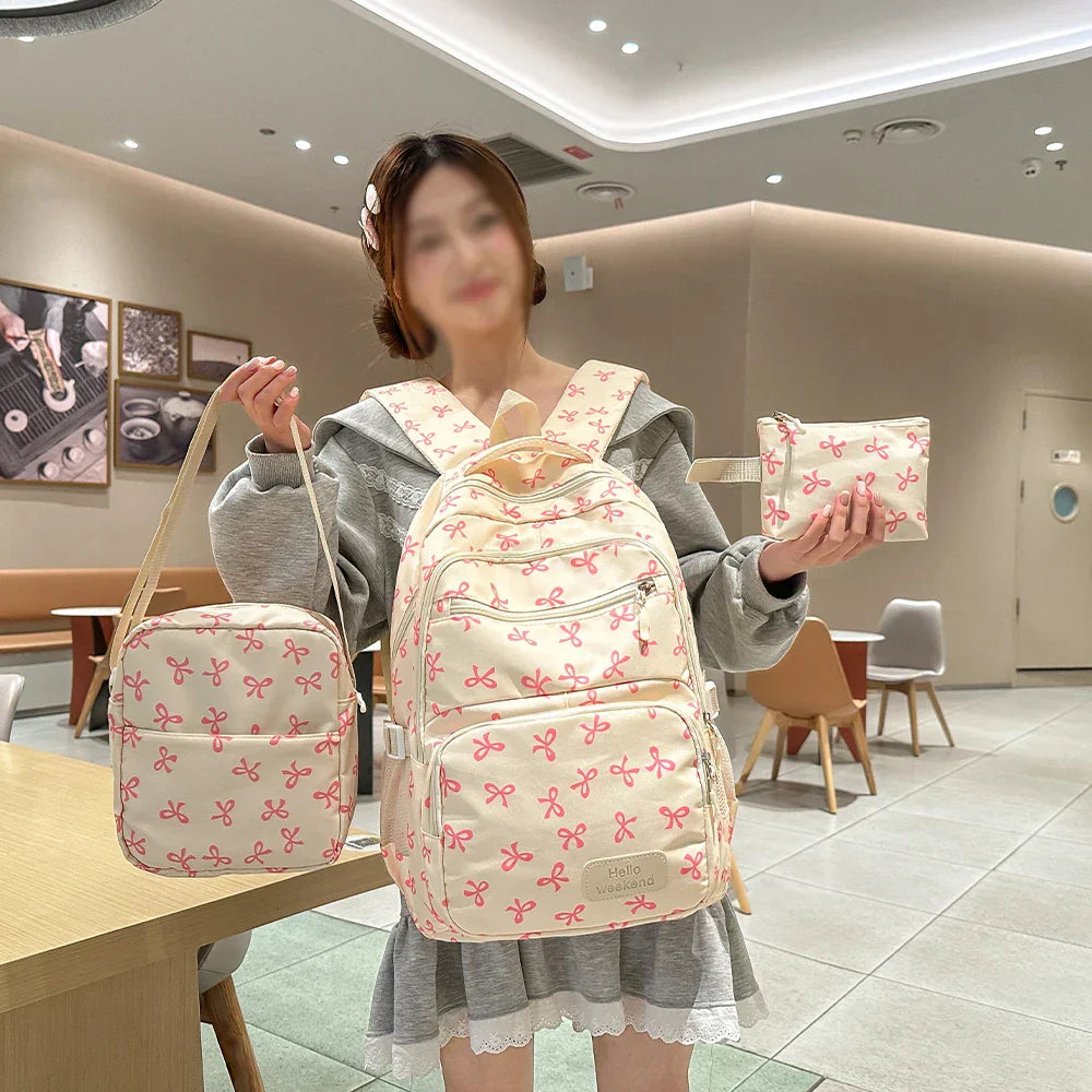 Korean Fashion Bow Print Women's Fashion Backpack Lightweight Simple Student Schoolbag Female Bag Set Three-Piece