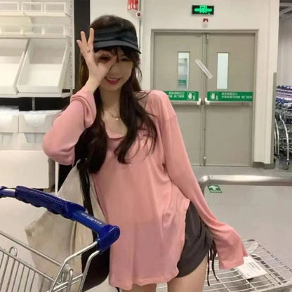 Korean Fashion Y2k Tank Top Long Sleeve V Collar Crop Top Button Sun Protection Frock Lady