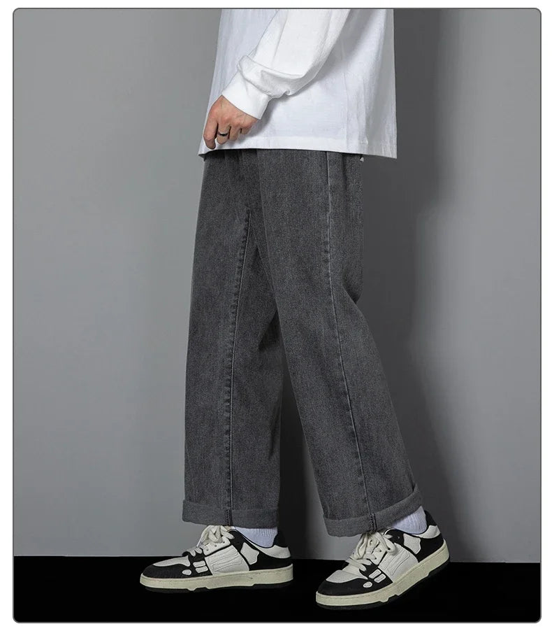 2026 New Korean Men's Casual Long Jeans Classic Man Straight Denim Wide-leg Pants Solid Color Light Blue Black 3XL Cargo Jean