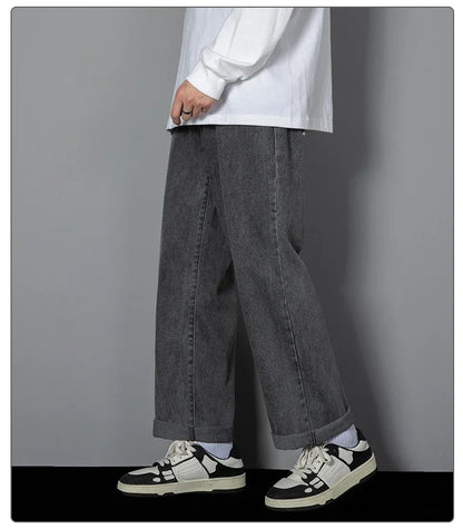 2026 New Korean Men's Casual Long Jeans Classic Man Straight Denim Wide-leg Pants Solid Color Light Blue Black 3XL Cargo Jean