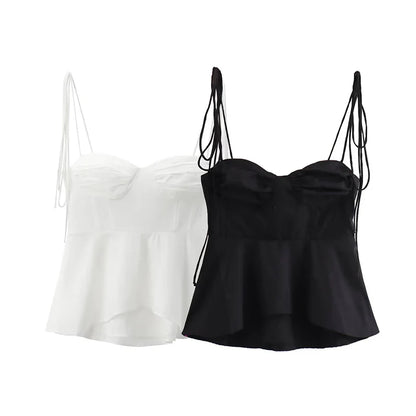 Women Fashion Solid Pleated Backless Side Zipper Cropped Tops Vintage Thin Straps V-Neck Female Chic Lady Crop Top