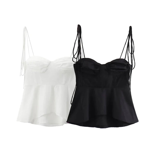 Women Fashion Solid Pleated Backless Side Zipper Cropped Tops Vintage Thin Straps V-Neck Female Chic Lady Crop Top