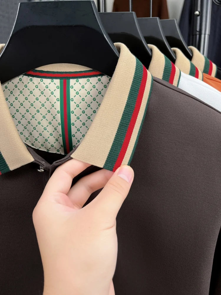 High end men's long sleeved polo shirt autumn fashion brand bee embroidery new business and casual color blocked lapel T-shirt