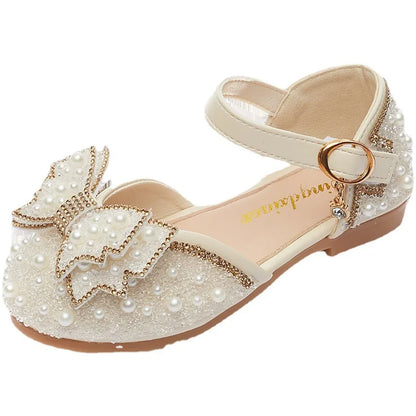 2026 New Summer Girls Sandals Cute Bow Pearl Sequins Kids Princess Shoes Flat Heels Dancing Shoes Size 21-36