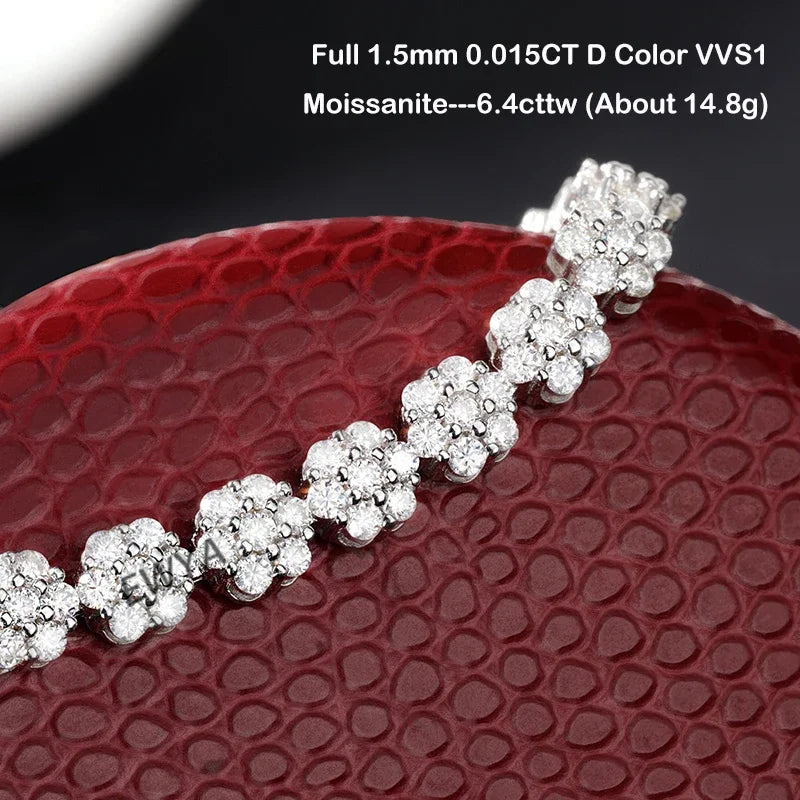 Flower Full 1.5mm D Color Moissanite Diamond Tennis Bracelet for Women 925 Silver GRA Certified Bridal Wedding Bangle Gift