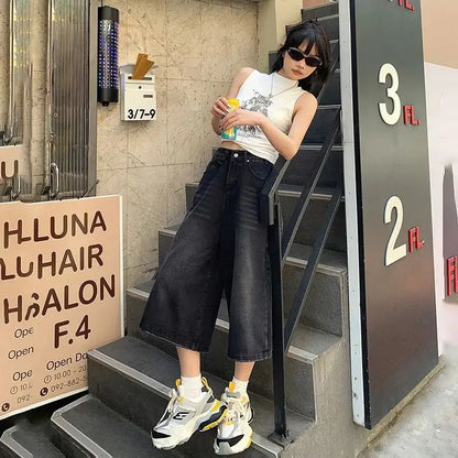 Verão American Style Vintage Feminino Jeans Folgado Y2k Solto Lavado Cintura Alta Calça Jeans Comprimento Joelho Streetwear Shorts Perna Larga