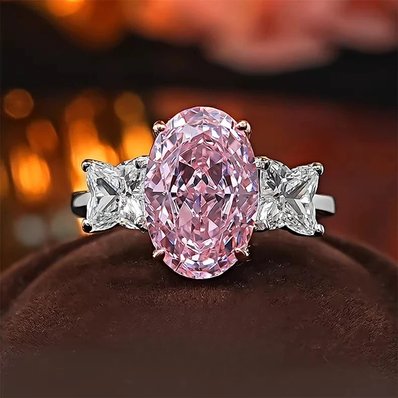 S925 Silver Ring 8 * 12mm Elliptical Zircon Powder Ice Flower Cut Ring Sweet Wind Jewelry