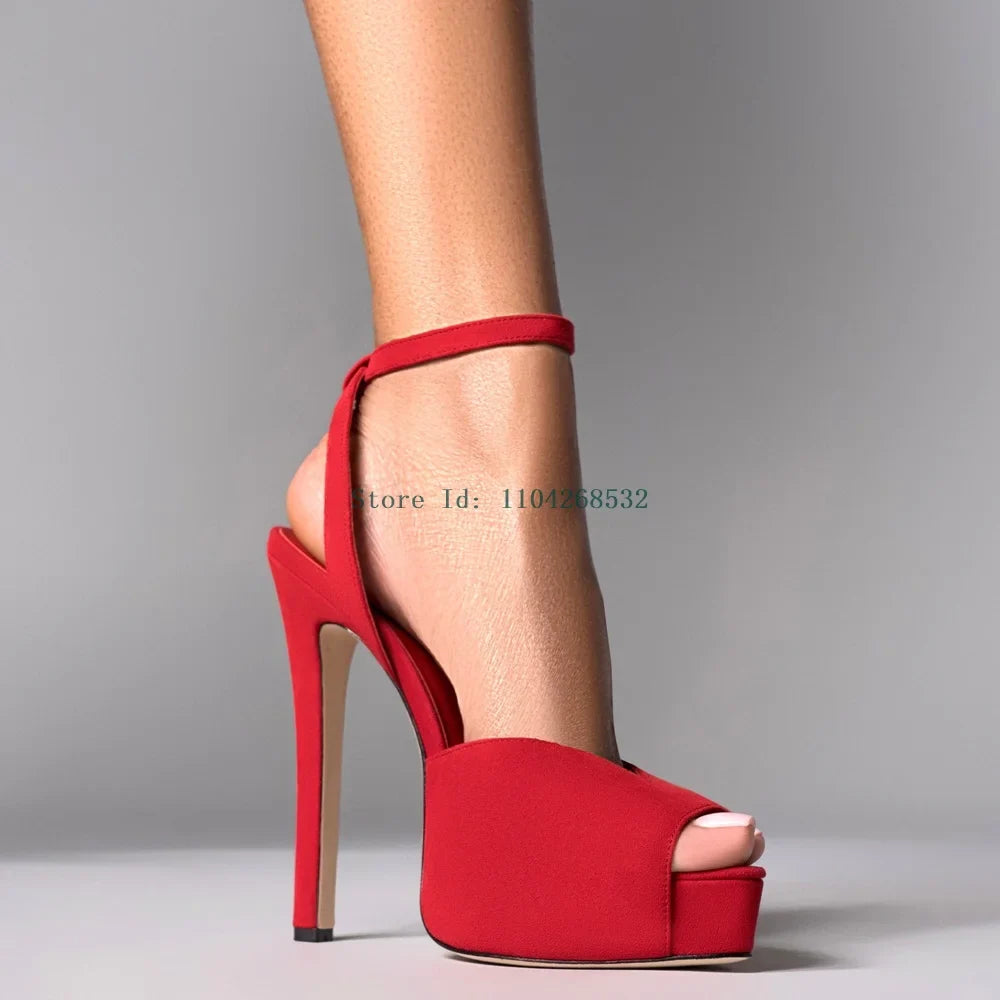Red Patent Leather Platform High Heels  Stiletto Ankle Buckle Strap Solid New Arrivals Fashion Slingback Buckle Strap Shoes