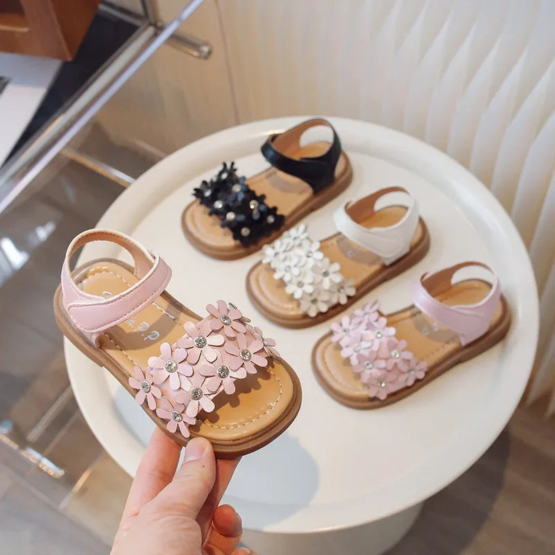 Little Girls Floral Bohemian Sandals with Beads Princess Sweet Kids Summer Shoes Open Toes Anti-skid Size 22-31Hook & Loop Cute
