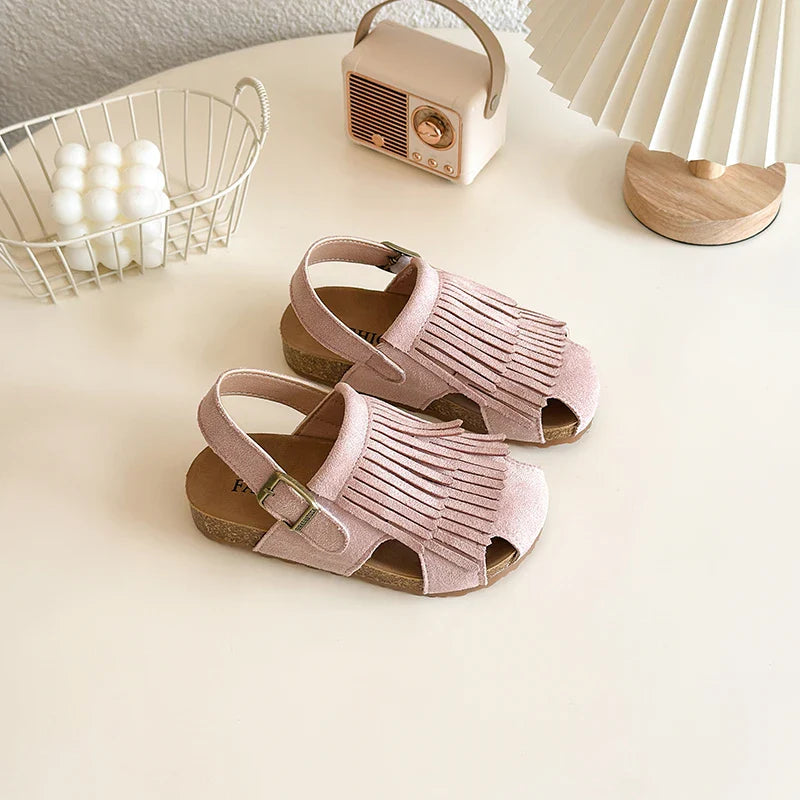Summer Anti-Slippery Kids Suede Sandals for Girls Non-Slip Closed Toe Toddler Beach Shoes with Cute Tassels School Casual Wear