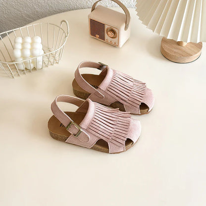 Summer Anti-Slippery Kids Suede Sandals for Girls Non-Slip Closed Toe Toddler Beach Shoes with Cute Tassels School Casual Wear