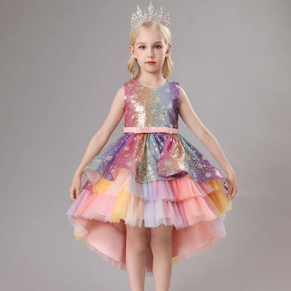 Children's Dress Trailing Princess Spot Pink Girls' June 1 Performance Summer New 2023 Lace Color Matching Mesh