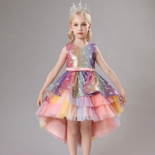 Children's Dress Trailing Princess Spot Pink Girls' June 1 Performance Summer New 2023 Lace Color Matching Mesh
