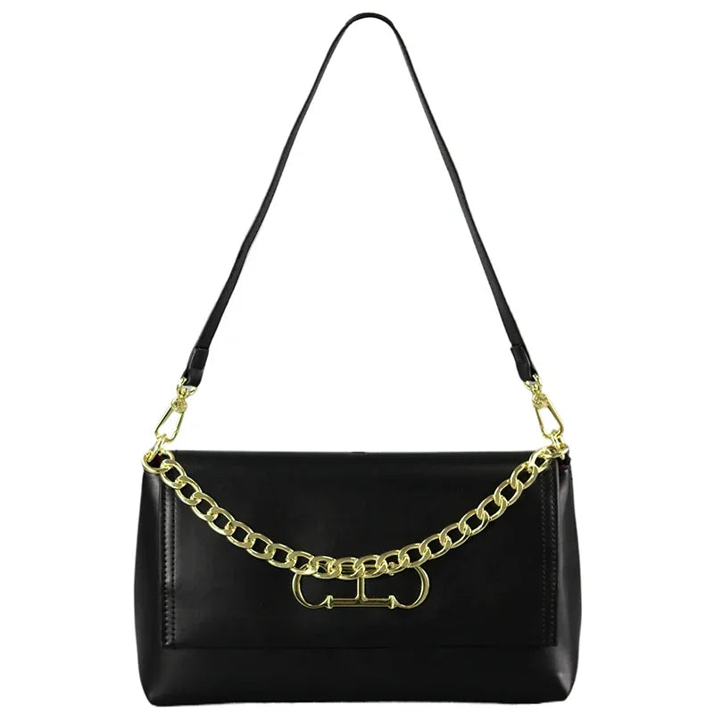 Elegant Black Leather Women Shoulder Bag Metal Logo Flap Handbag Chain Strap Office Commute Daily Casual
