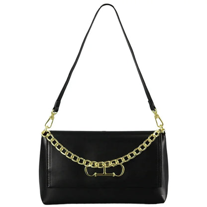 Elegant Black Leather Women Shoulder Bag Metal Logo Flap Handbag Chain Strap Office Commute Daily Casual