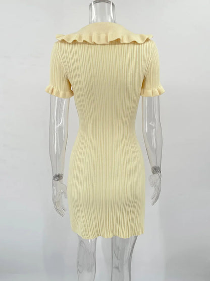 Ruffled Knitted Mini Dresses For Women High Waist Summer 2025 New Short Sleeve Dress Bodycon Female Retro Elegant Dress