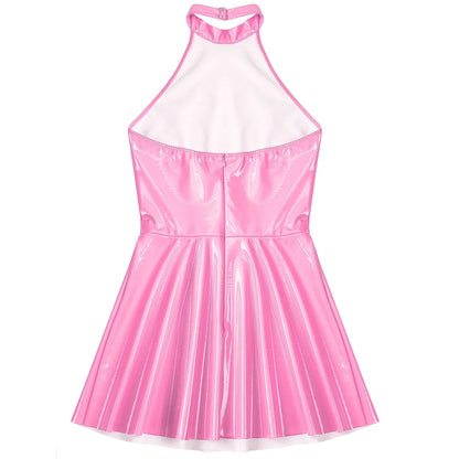 Glossy Patent Leather Glossy Mini A-Line Latex Dress for Womens Swing Skirt Skater Bodycon Mini Dress Rave Disco Party Clubwear